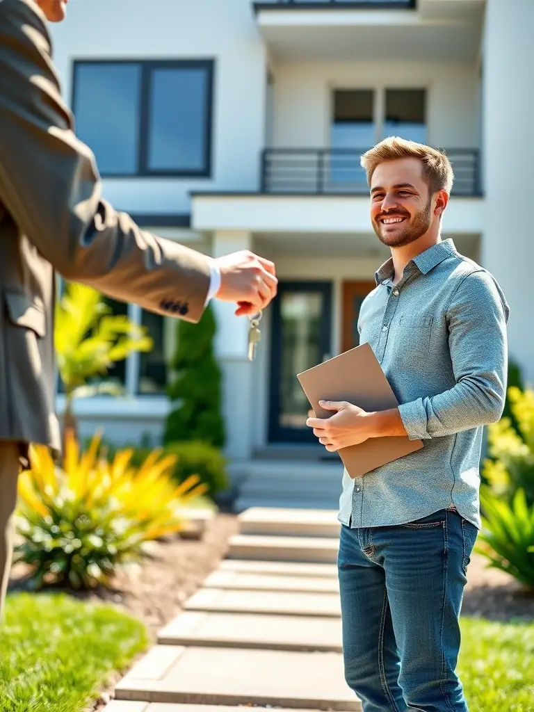 A photo of a Kindred Realtors agent handing over the keys to a happy new homeowner in front of their new house, with a 'Sold' sign in the yard.