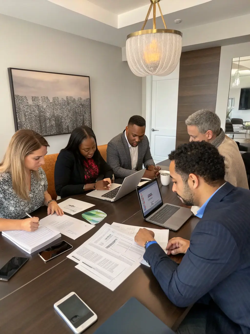 A picture of a diverse team of Kindred Realtors agents collaborating in a modern office setting, emphasizing their teamwork and expertise.