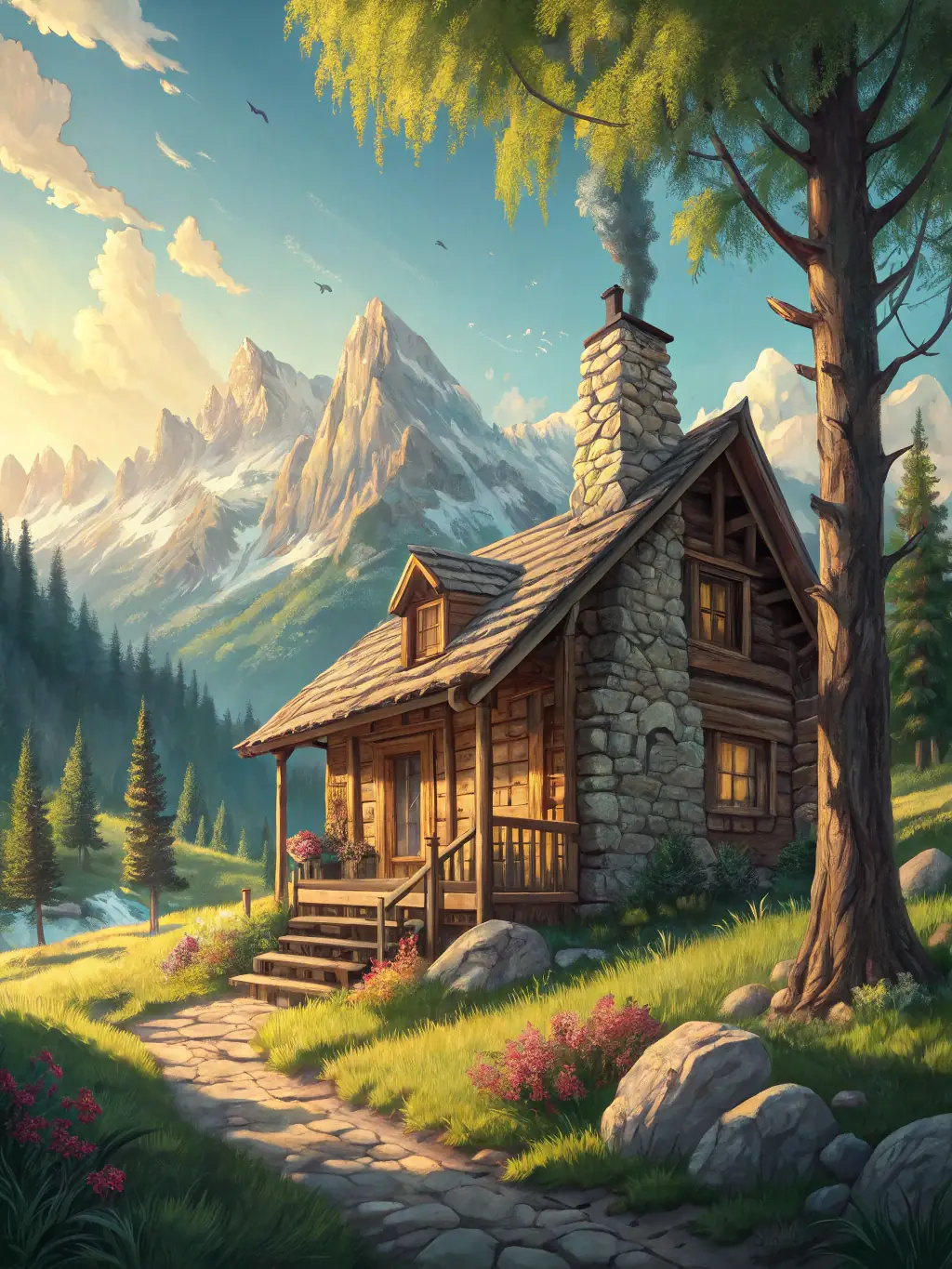 A rustic cabin nestled in a wooded area with snow-capped mountains in the background, capturing the serene and secluded atmosphere for Kindred Realtors.