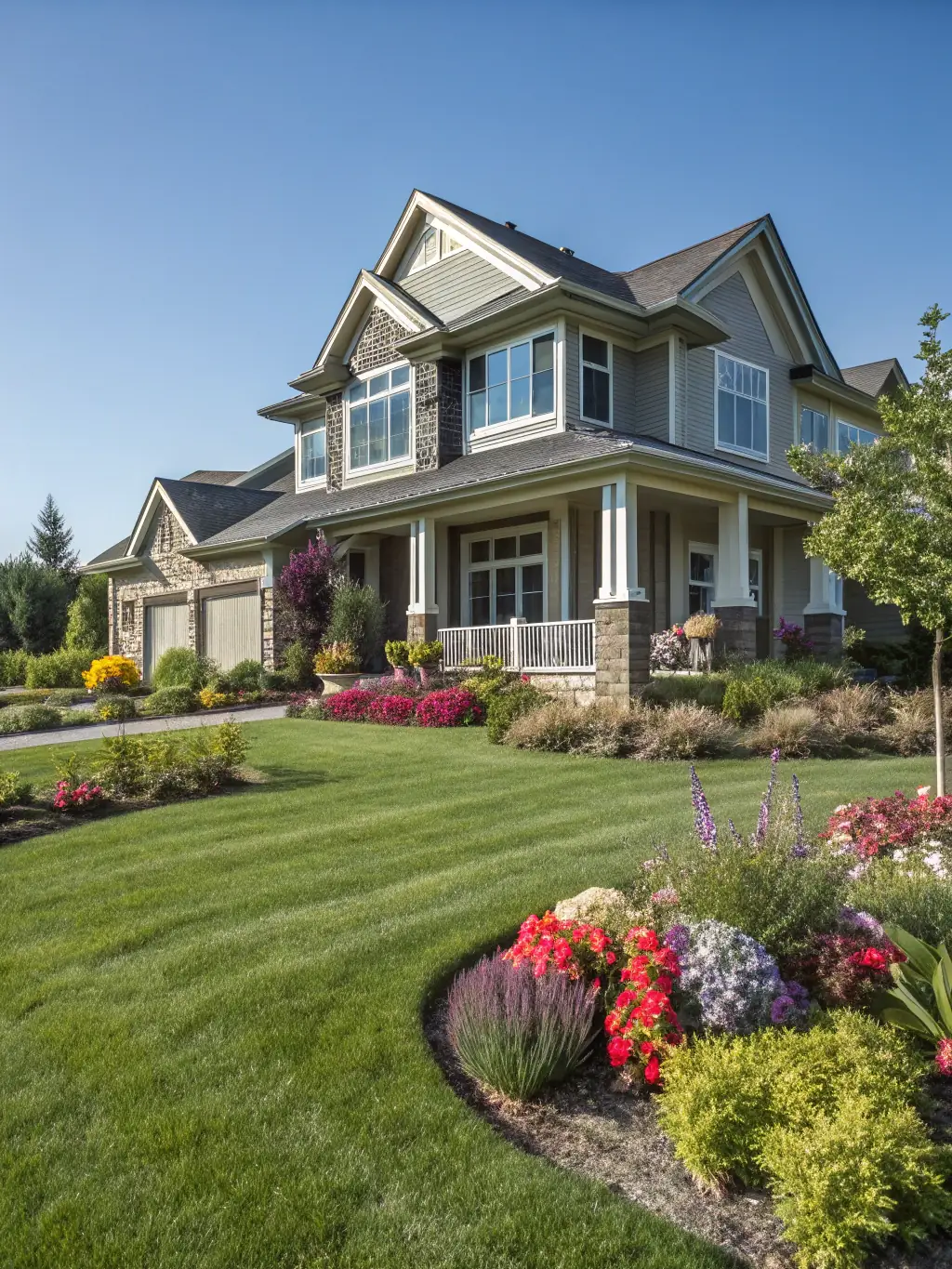 A modern house with a well-manicured lawn and a 'For Sale' sign in the front yard, taken on a sunny day to highlight its curb appeal for Kindred Realtors.
